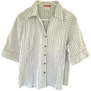 AK Anne Klein Sz 16W Pinstiped Seersucker Button Down Blouse Short Sleeve White